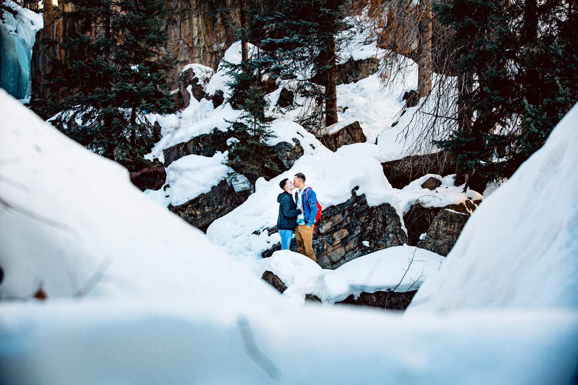  Durango colorado winter engagement photos  Cascade creek  Waterfalls frozen  Same sex, gay engagement photos, LGBTQ   ©Alexi Hubbell Photography 