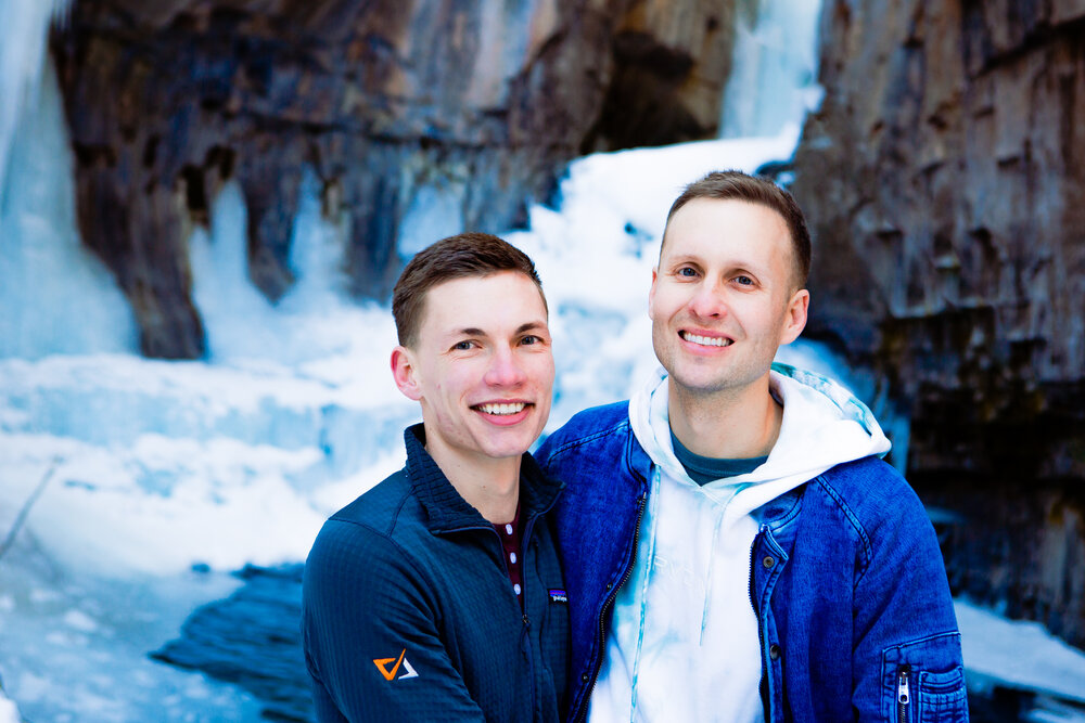  Durango colorado winter engagement photos  Cascade creek  Waterfalls frozen  Same sex, gay engagement photos, LGBTQ   ©Alexi Hubbell Photography 