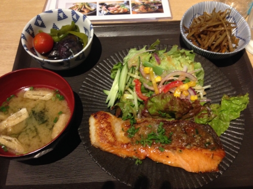 I took a picture of our first meal in Japan- an amazing set meal of salmon with side dishes. おいしかった (delicious) !
