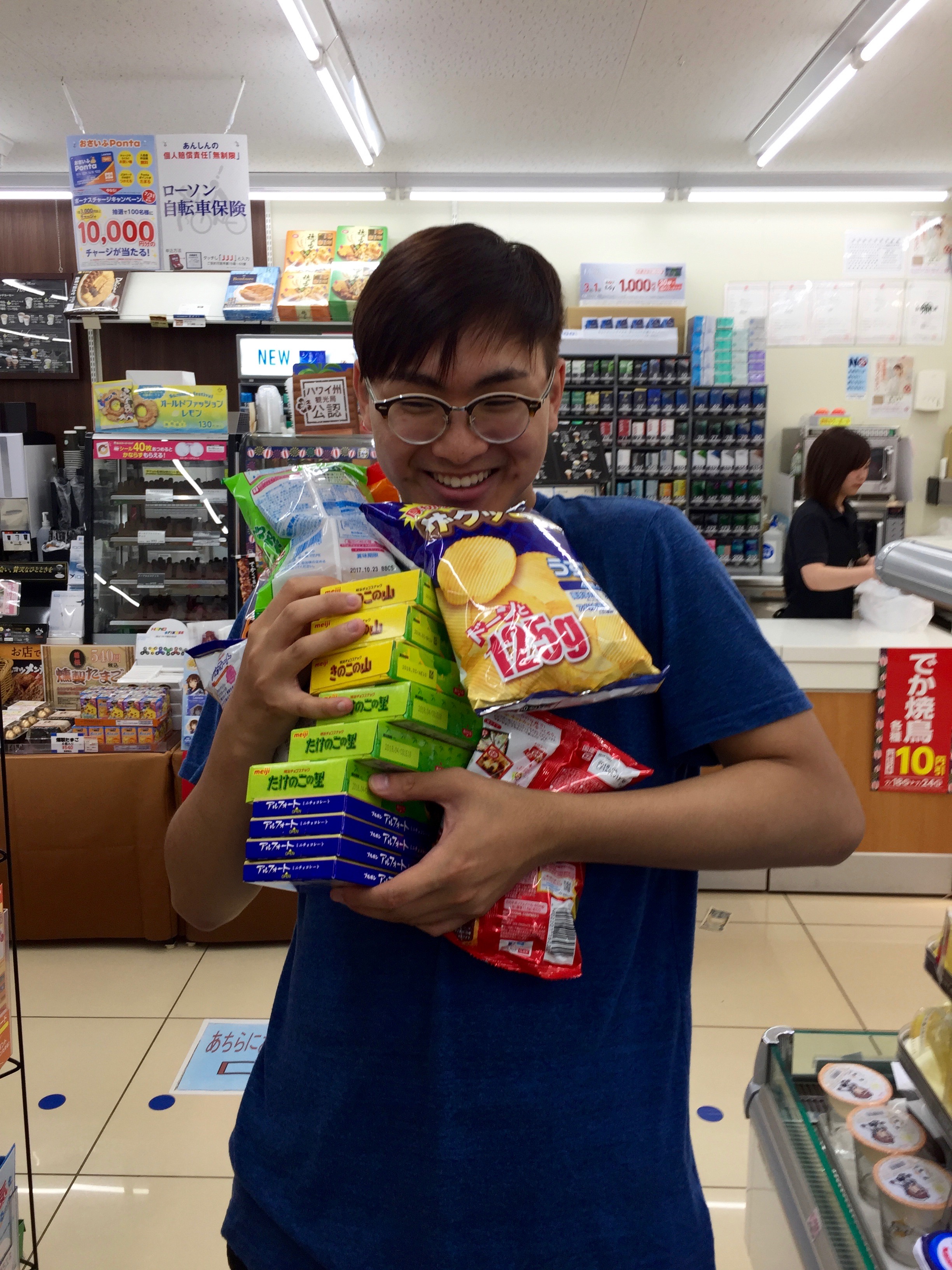 Stocking up on essential konbini food.