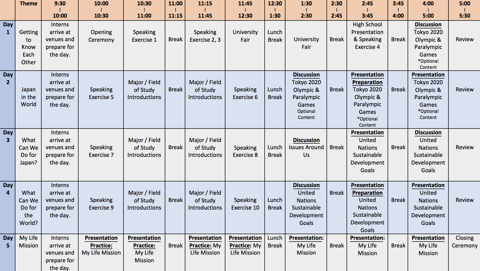 Example Class Schedule Click to enlarge