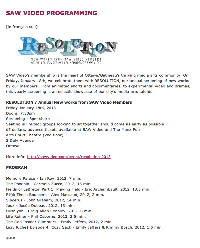 SINCERUS (short film screening) Resolutions 2013, ottawa, Canada