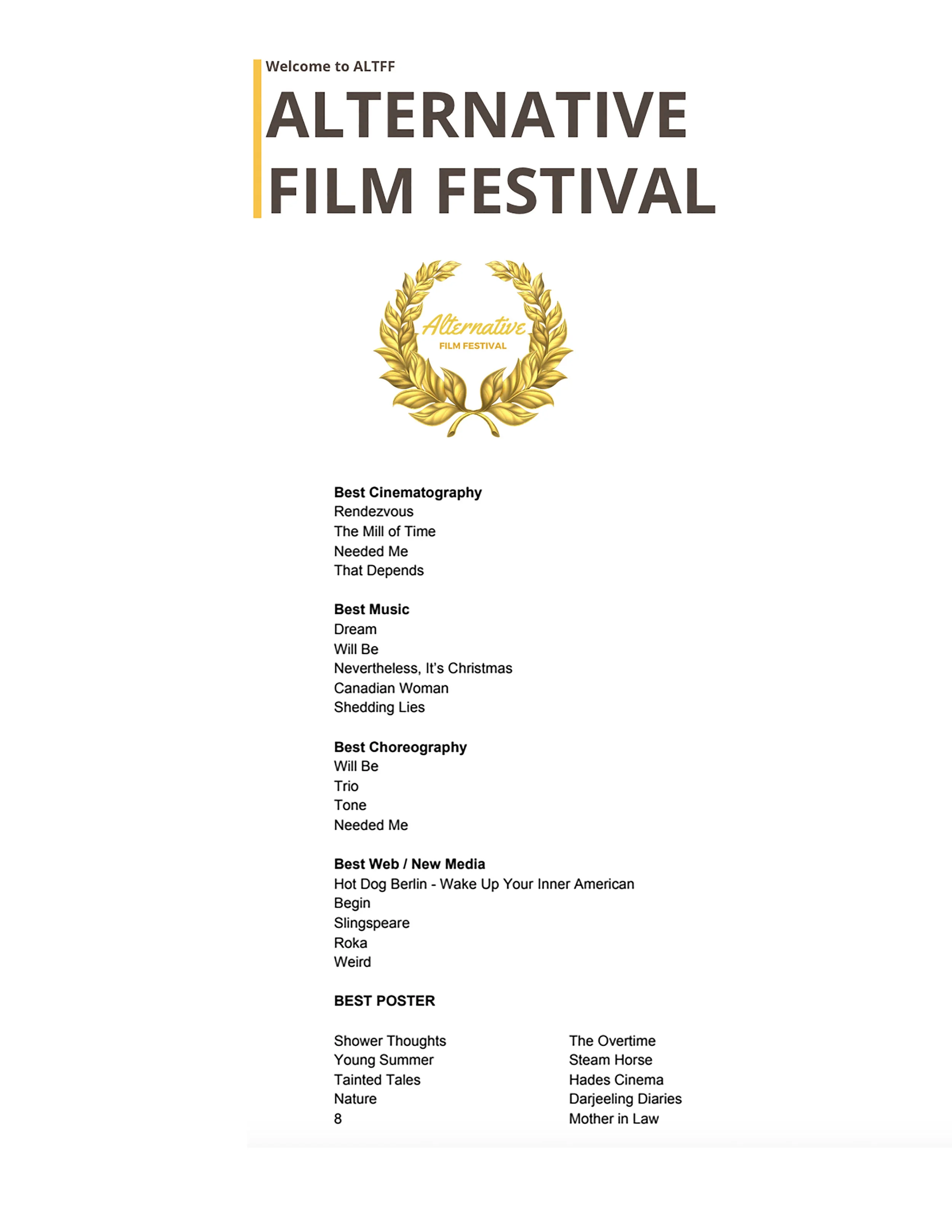 Tone (2017) Trio (2016) nominated BEST CHOREOGRAPHY - alternative film festival, toronto, canada
