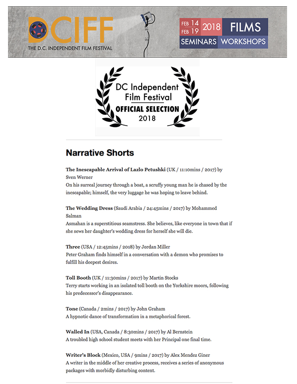 Tone (2017) Short experimental film - DCIFF 2018 - DC Independent film festival, Washington, USA