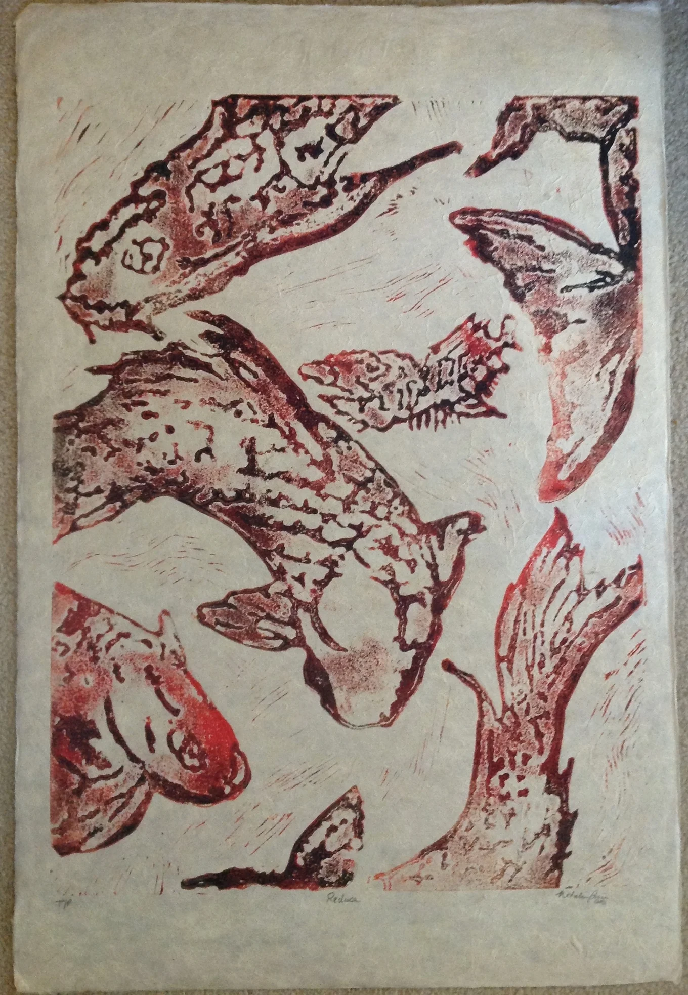  Monoprint of a cut and etched lino block. 