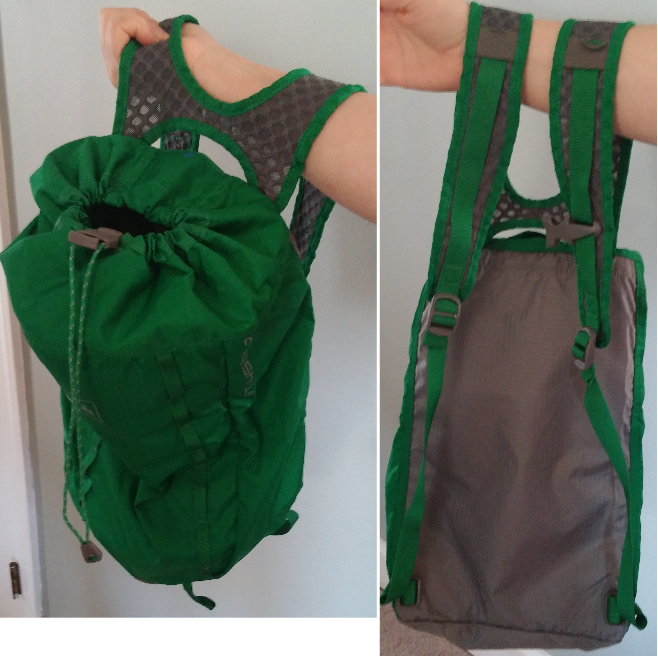 A great day pack from REI. The top is not fully closed and the leather flap that covers the opening is not in this view.