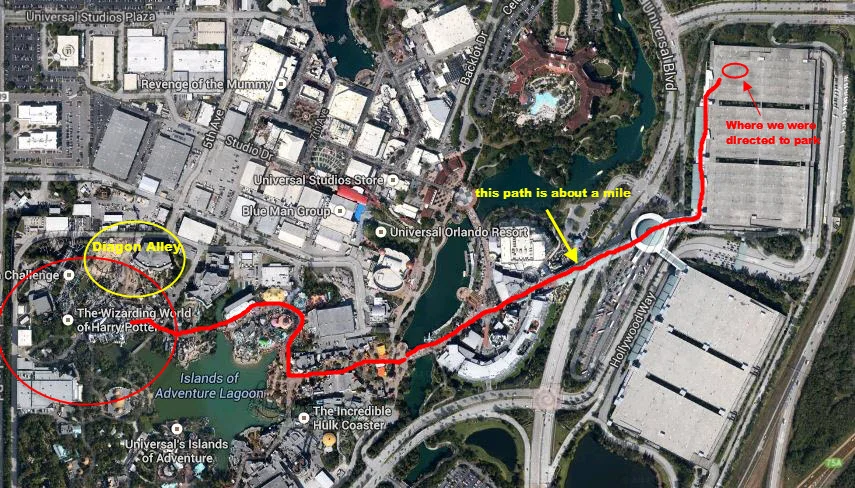 See how far the walk is from the parking deck to the Wizarding World. Notice that the Diagon Alley addition will not add a lot to the Wizarding World.