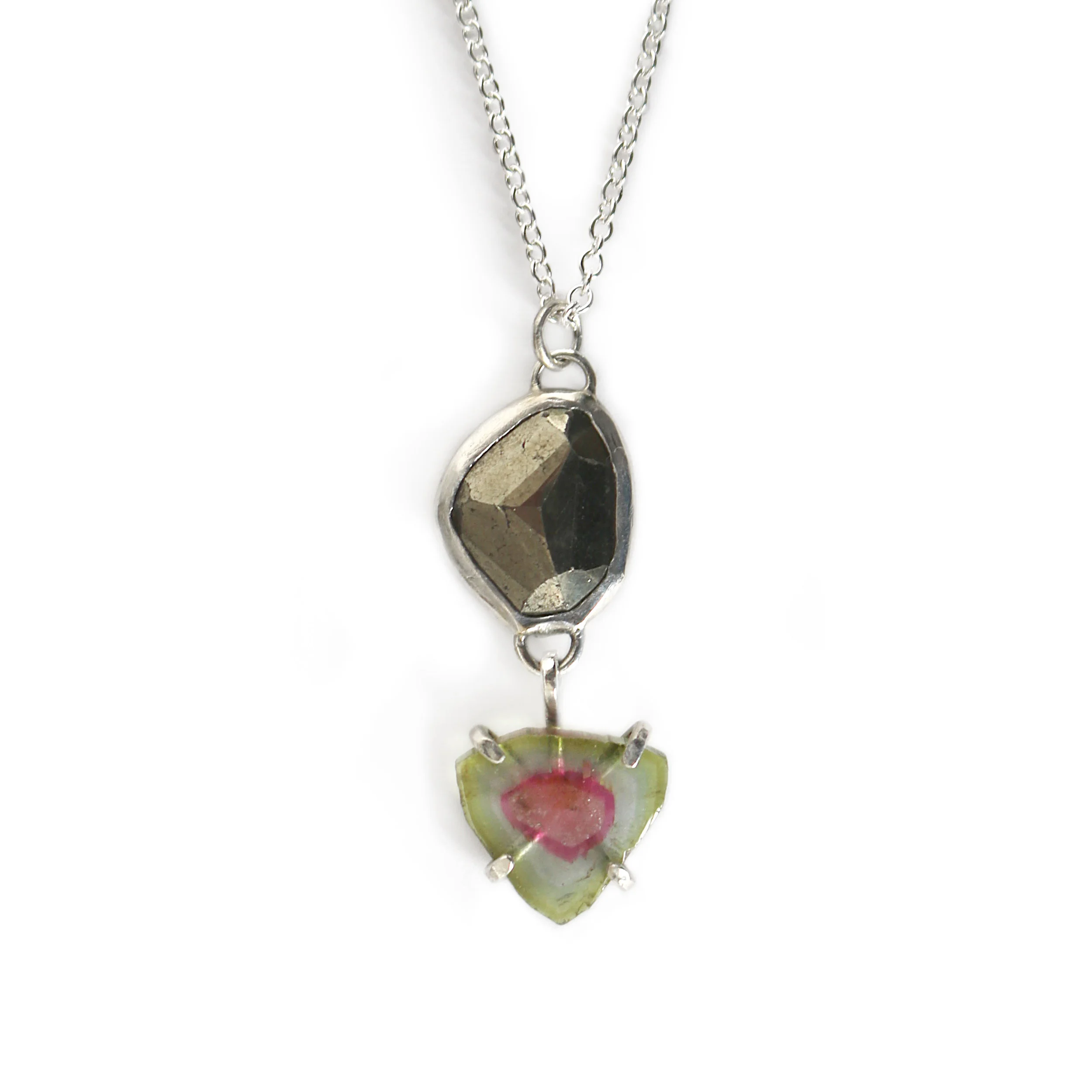 Pyrite + Watermelon Tourmaline Slice Necklace  |  Silver