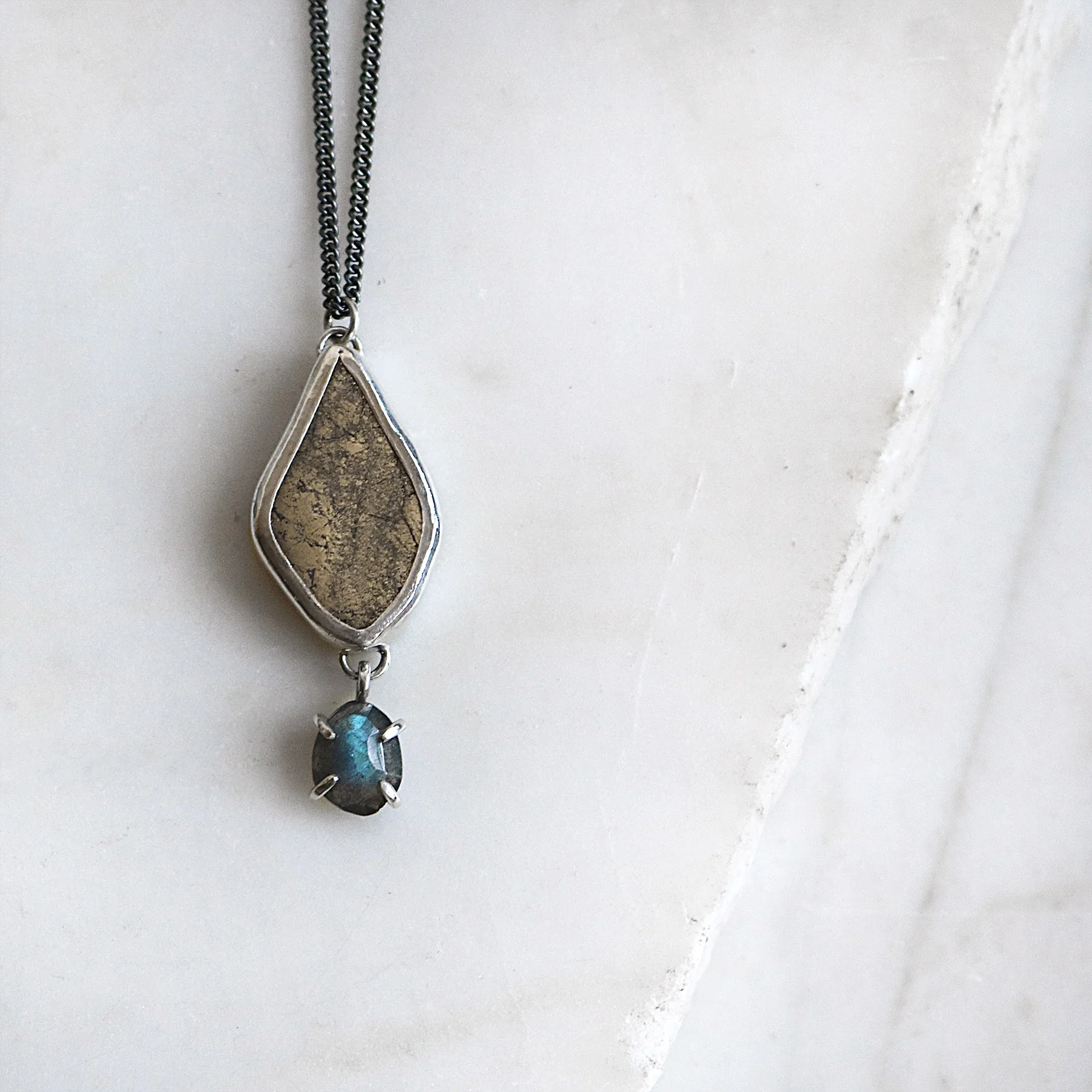 Pyrite + Labradorite Drop Necklace  |  Silver