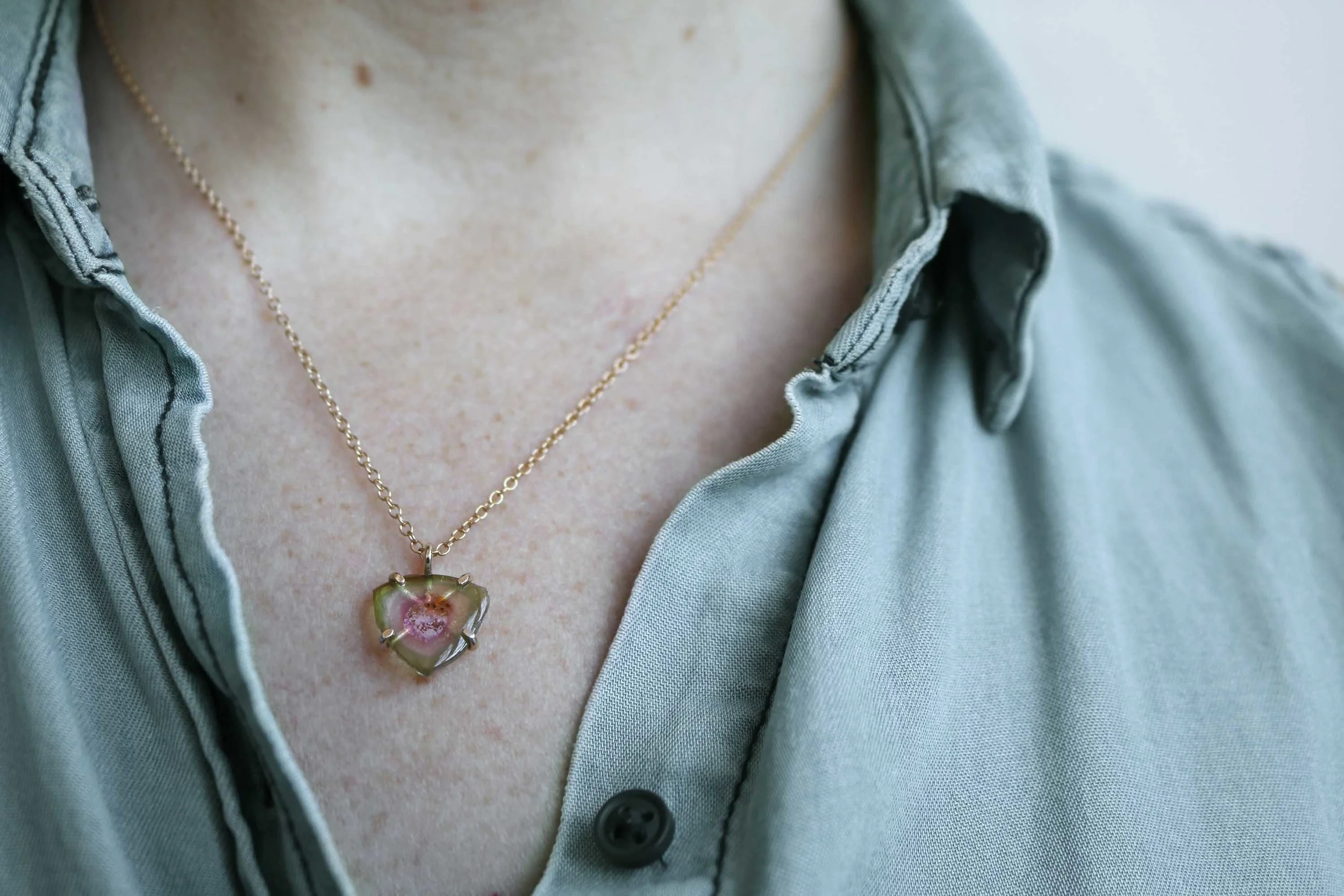 Watermelon Tourmaline Slice Necklace | 14k Yellow Gold | Ready to Ship