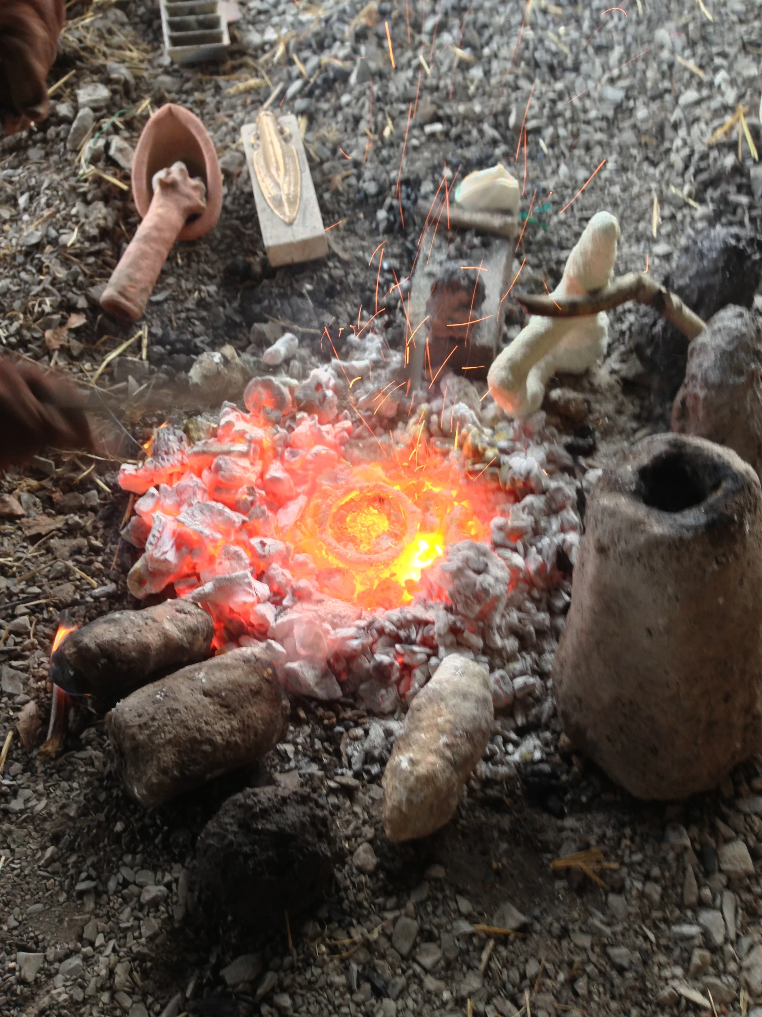 A pit furnace, moulds and crucibles