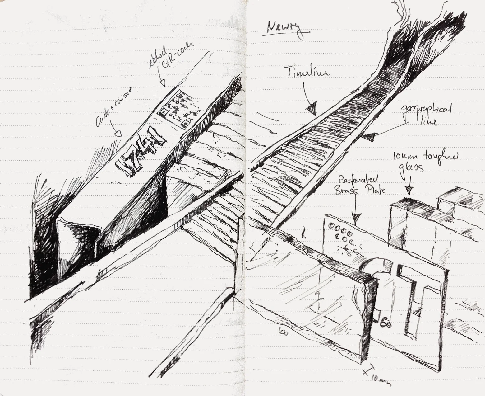 Concept development for Pasáiste na hUiscí, Newry, ink and Moleskine Evernote, 2014