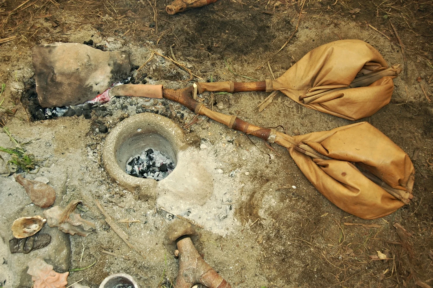 Furnace set-up with replica goatskin hand bellows (LBA found in Denmark)