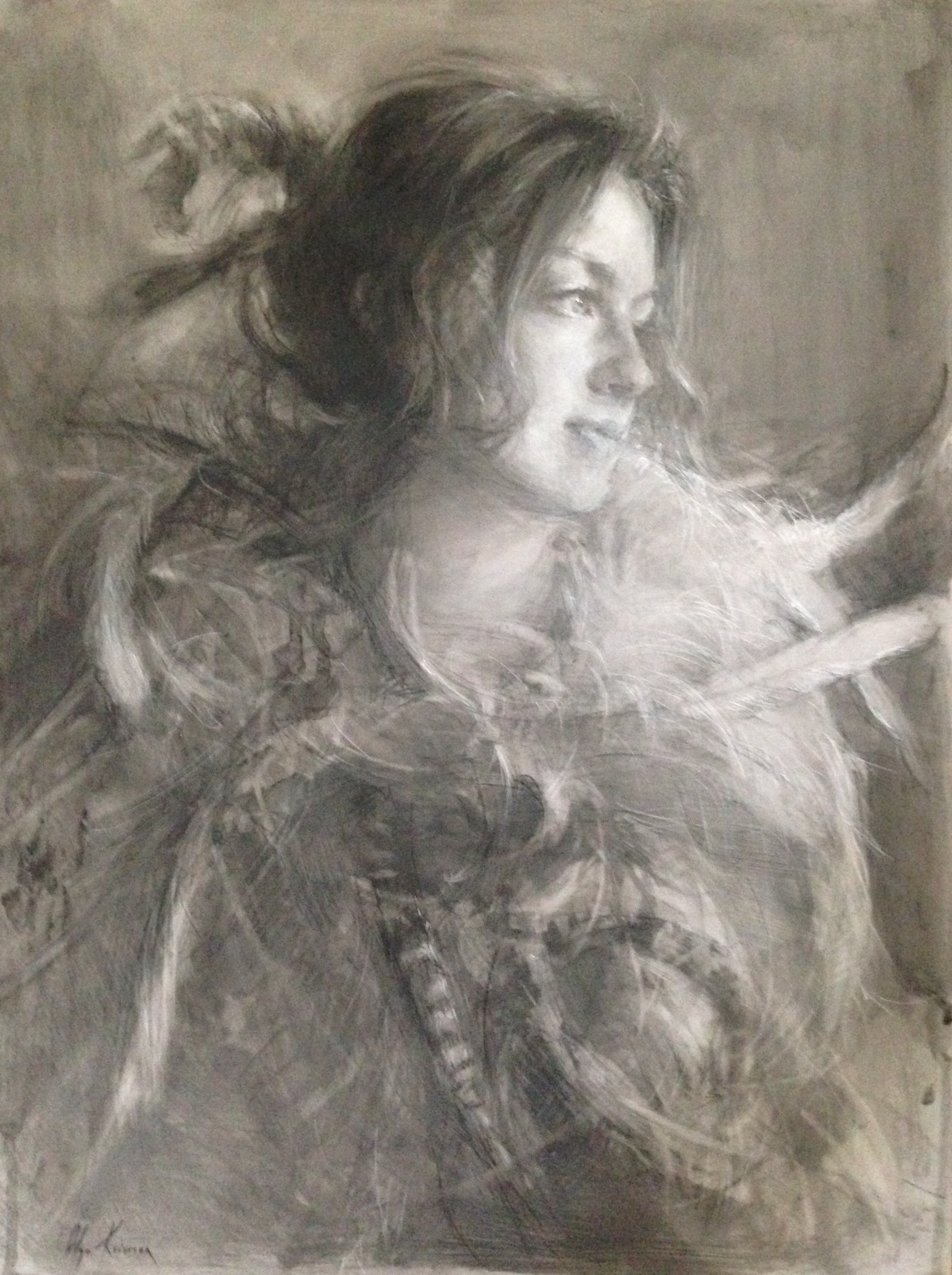 Feathers, charcoal/graphite/conte, 18x24
