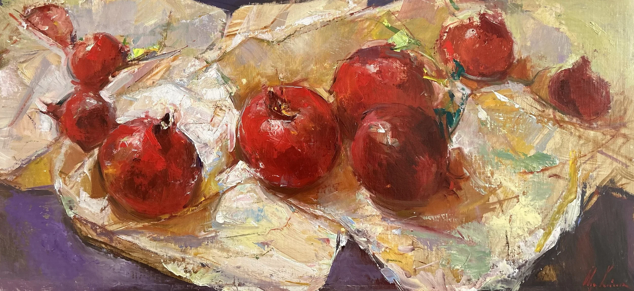 Still Life With Pomegranates, oil on Belgian linen, 16x35 inches