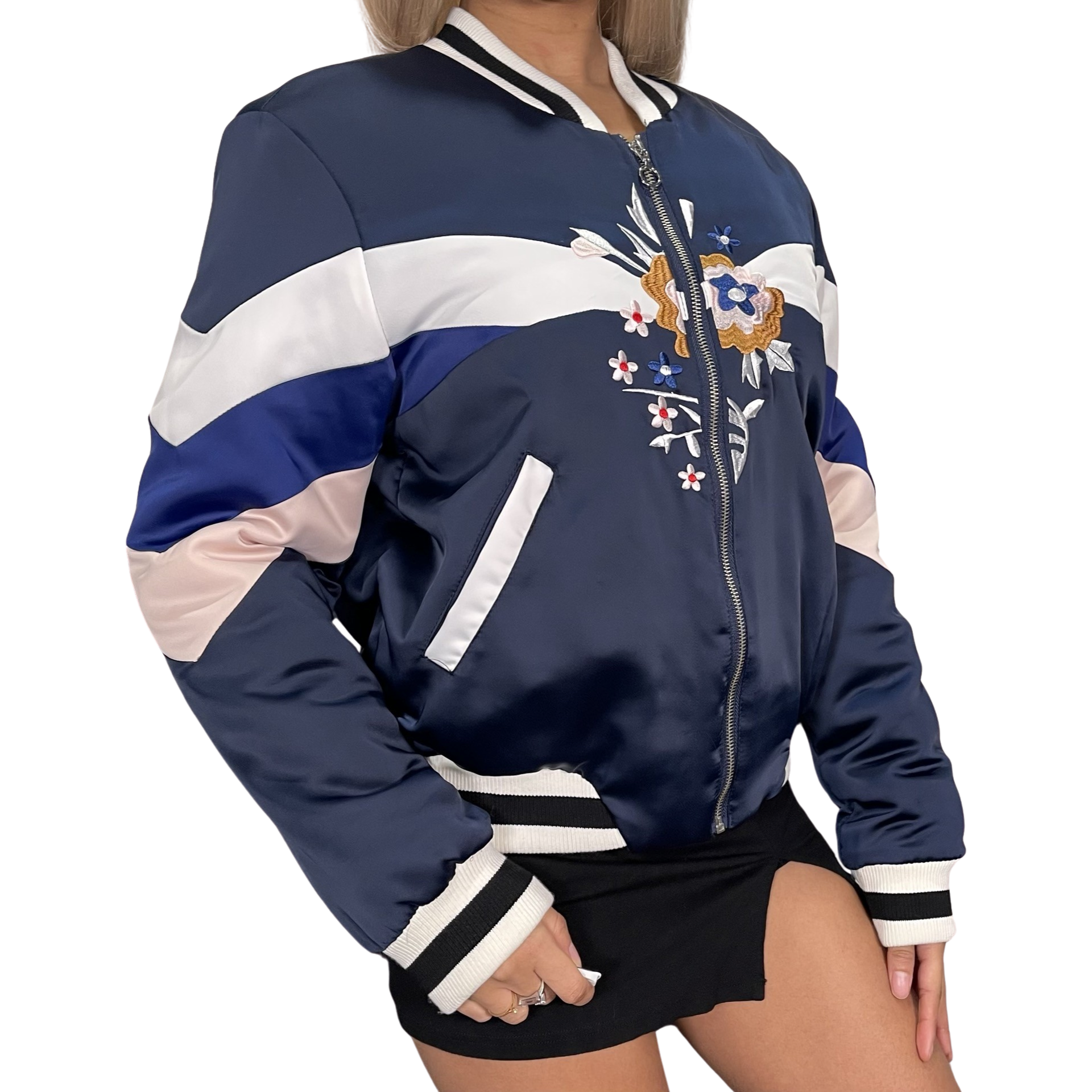 HD002 Puffy Jacket - Blue White and Pink - Pink Embroidery - L