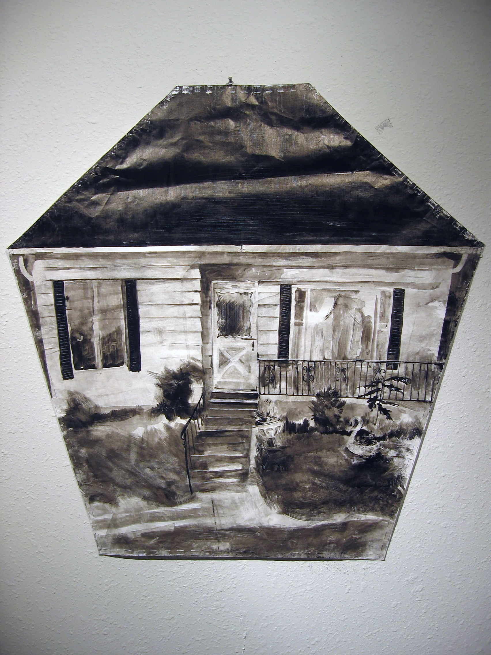 I made my first art kite (pictured above) during a residency at the Kimmel Harding Nelson Center for the Arts in 2009. I chose to make a barn door kite because it was easy to fly, and the shape suited the ranch style house and front yard that I painted on the sail.