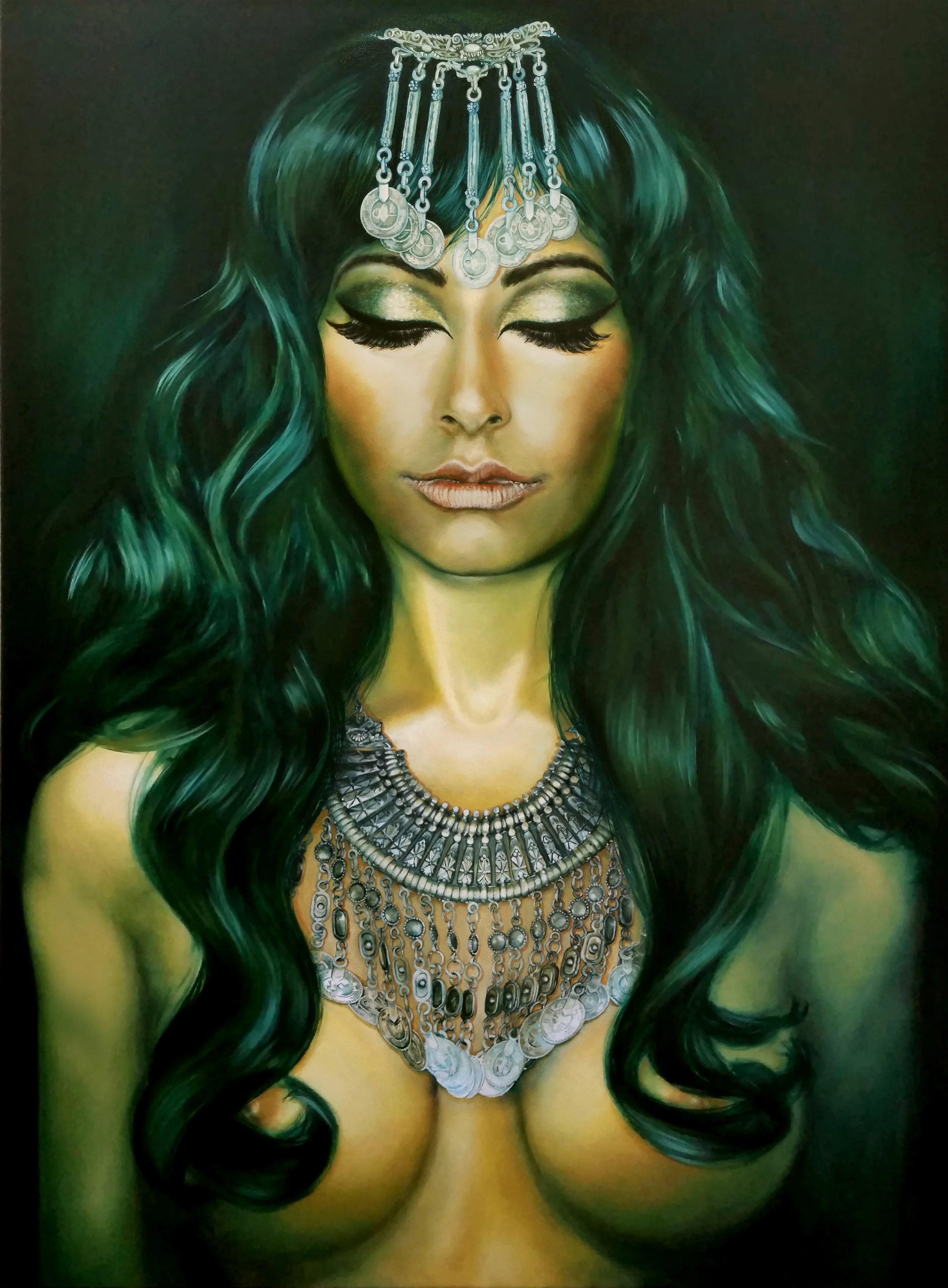 "Serenity", 2016, Ginger Del Rey oil on canvas 48" x 36" x 1.5" $6000 This is a portrait of my very dear friend Zeenath- a truly lovely, vibrant woman who perpetually radiates an unquenchable lust for life. Her strong passions remind me of one of my favorite Kerouac quotes: “The only people for me are the mad ones, the ones who are mad to live, mad to talk, mad to be saved, desirous of everything at the same time, the ones who never yawn or say a commonplace thing, but burn, burn, burn like fabulous yellow roman candles exploding like spiders across the stars.” This is Zee to a tee. But such a strong, fiery soul usually finds the one thing she's lacking is a feeling she's arrived, she can relax, she can enjoy the moment. So I chose to paint her in a rare moment of perfect peace and serenity.