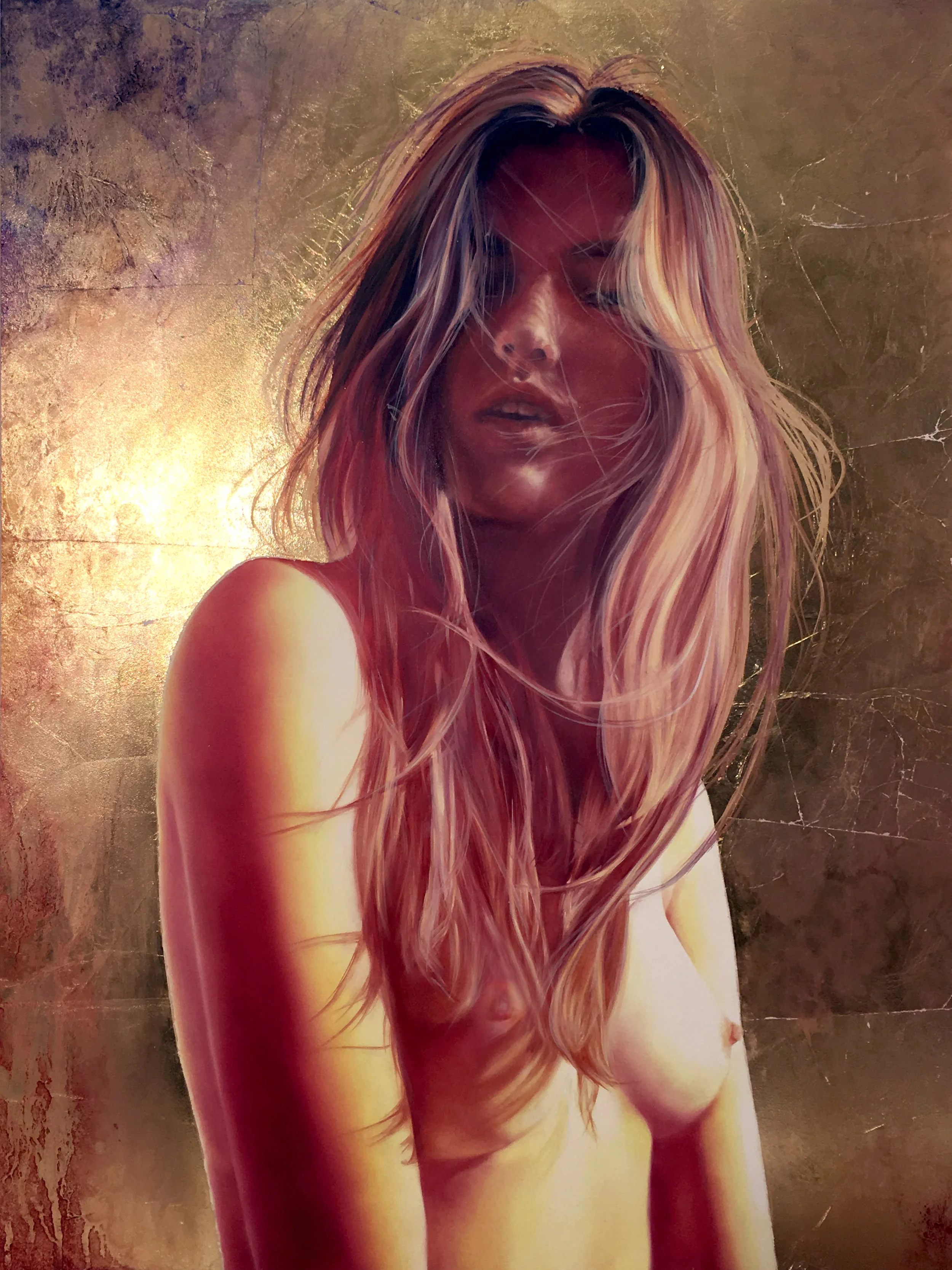 "Summer", 2016, Ginger Del Rey oil and gold leaf on gesso board 24" x 18" x 1" sold My new obsession is painting on gold leaf! I chose this woman because she perfectly embodied 'Summer' in her coloring, her careless sexiness, her confidence, her grace in her natural state of nudity, enjoying long summer days. It was so much fun to begin this journey of combining oil painting and gold leaf - I learned a lot! For instance- never paint directly on top of the gold leaf! Luckily I did a few trial runs before attempting this painting. The gold leaf is applied directly to the surface very delicately surrounding her. Then I used several sheer applications of oils to add texture and color to the gold leaf, using turpentine to give it a watery, patina'd expression.