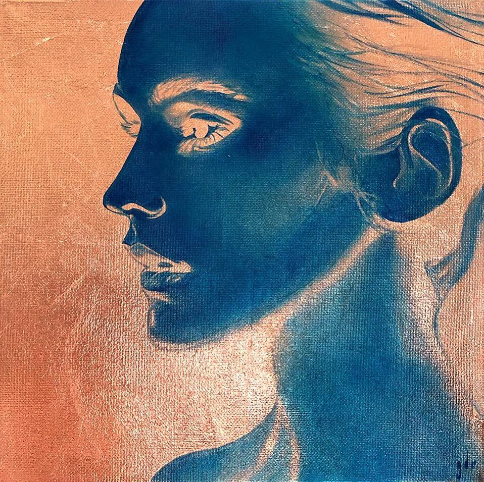 &ldquo;Her Thoughts&rdquo;
Oil and copper leaf on canvas 
10&rdquo;x10&rdquo; (sold)
#oilpainting #painting #copper #blue #copperleaf #face #portrait #reverse #hair #beauty #woman #art #arte #gingerdelrey #profile #thoughtful #artfinder