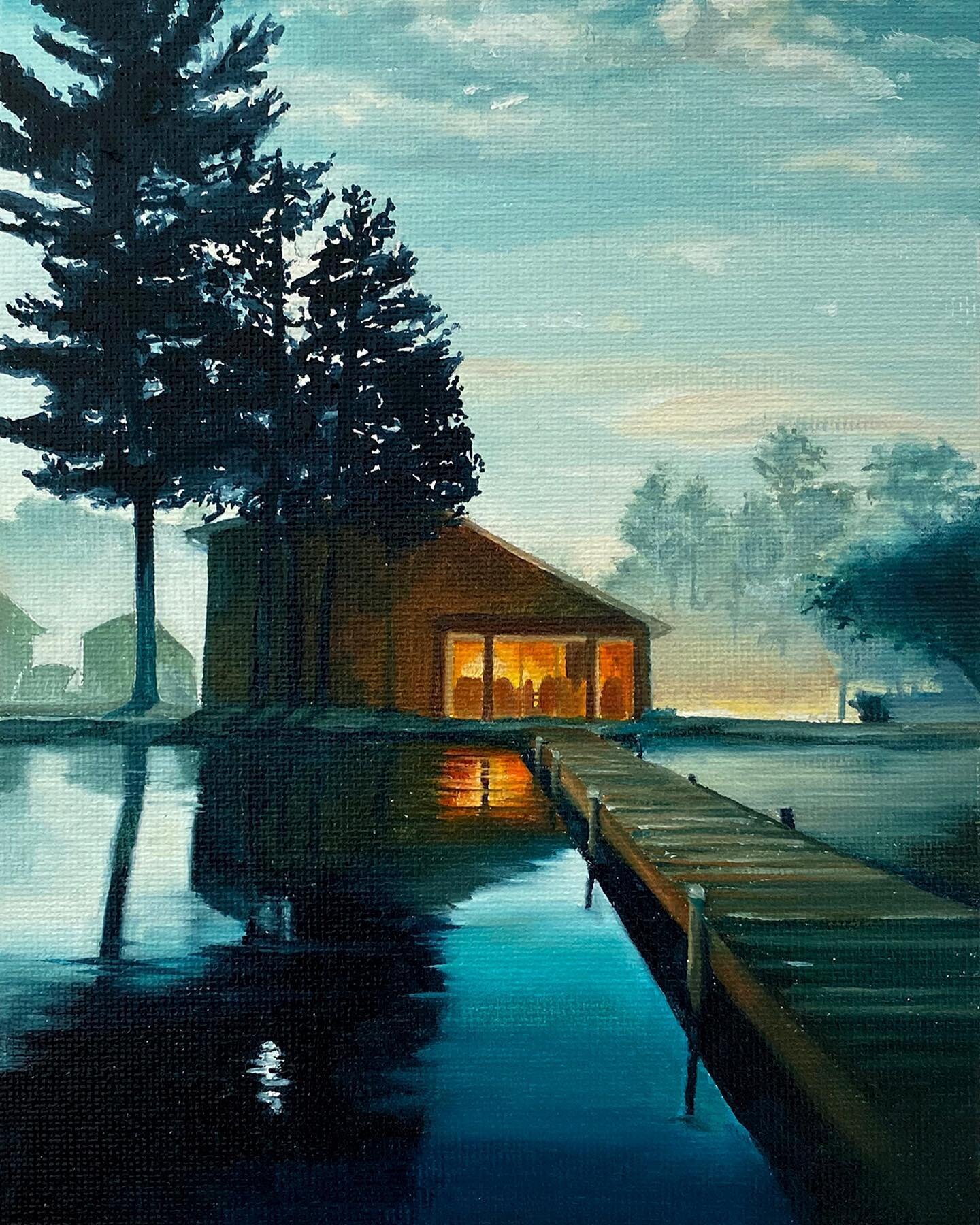 Slight crop of &ldquo;The Cottage&rdquo; 
Oil painting on canvas board, 7&rdquo;x5&rdquo;
Available on @artfinder_com 
#oilpainting #painting #art #arte #miniaturepainting #minipainting #cottage #lake #lakelife #fog #hazy #silhouette #trees #dusk #bl