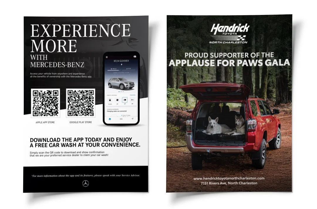  Flyer for the Mercedes-Benz dealerships to hand out for advertising the app. | Toyota ad focusing on the Charleston Animal Society Gala. 