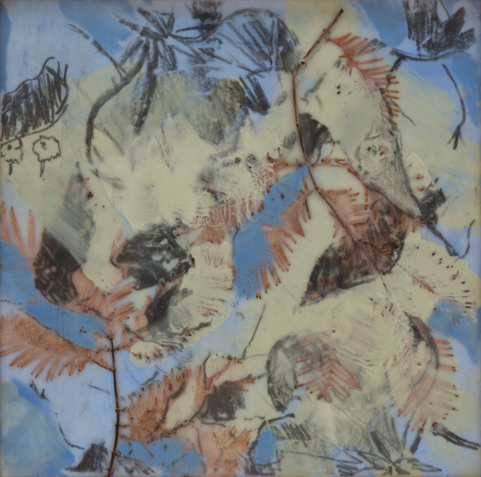 Fruits of the Earth. 2012. Graphite, encaustic and plant material on wood. 12″ x 12″