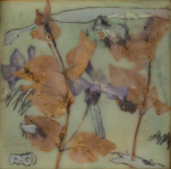 Malheur revisited. 2012. Graphite, encaustic and plant material on wood. 6″ x 6″