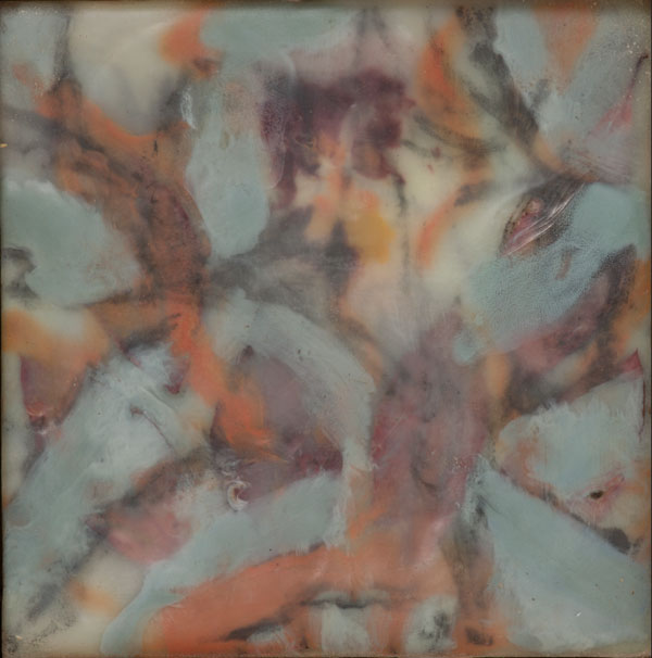 Bloom. 2012. Graphite, encaustic and plant material on wood. 6″ x 6″