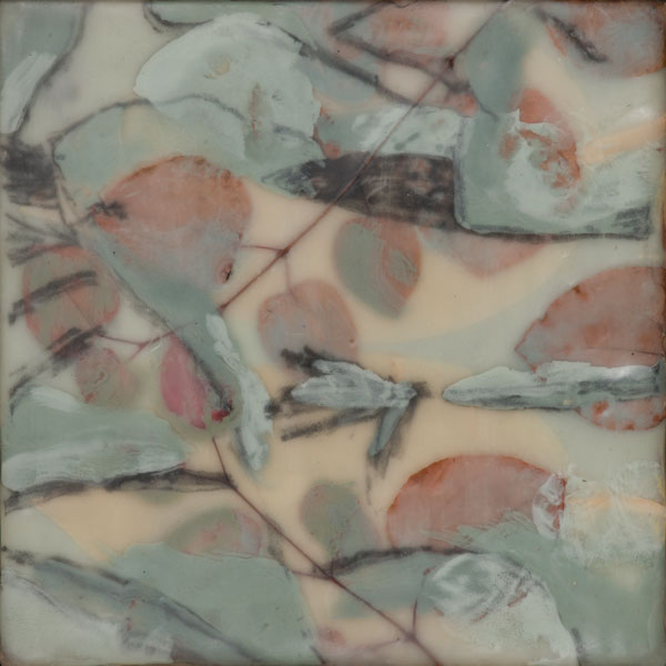 Salishan buddies 2. 2011. Graphite, encaustic and plant material on wood. 7.25″ x 7.25″