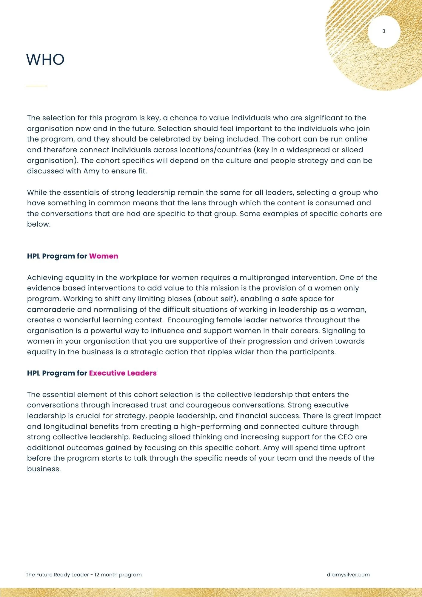 Page 3 of a program booklet titled "WHO" discussing leadership programs, including sections for Women and Executive Leaders, with a decorative gold circle in the top right corner.