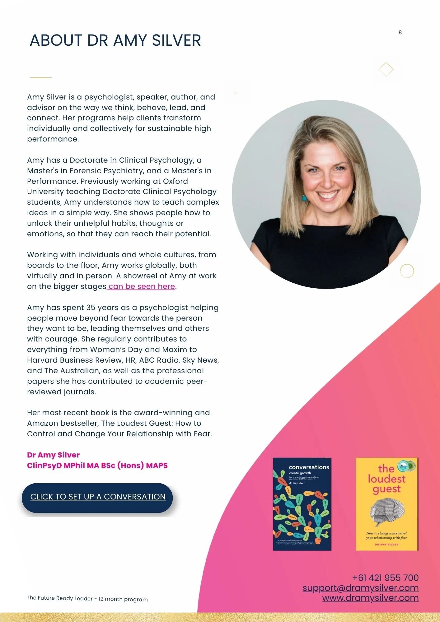 Profile of Dr. Amy Silver, a psychologist and author, with a photograph of her smiling and her books titled 'Conversations' and 'The Loudest Guest' at the bottom right.