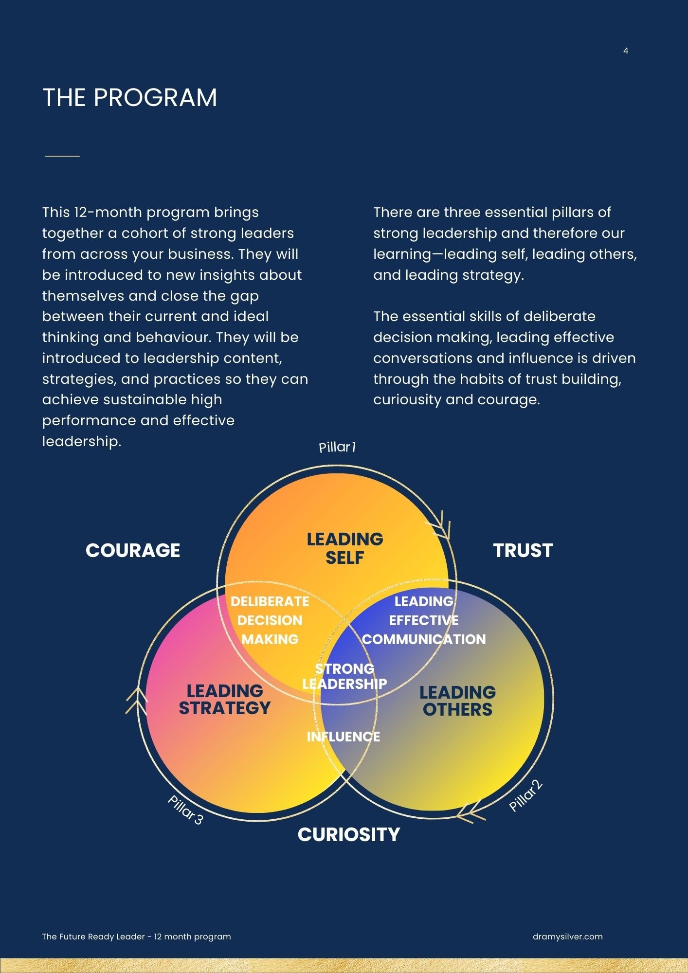 A diagram illustrating the core pillars of leadership: Leading Self, Leading Strategy, Leading Others, with overlapping sections emphasizing decision making, communication, confidence, curiosity, influence, and trust.