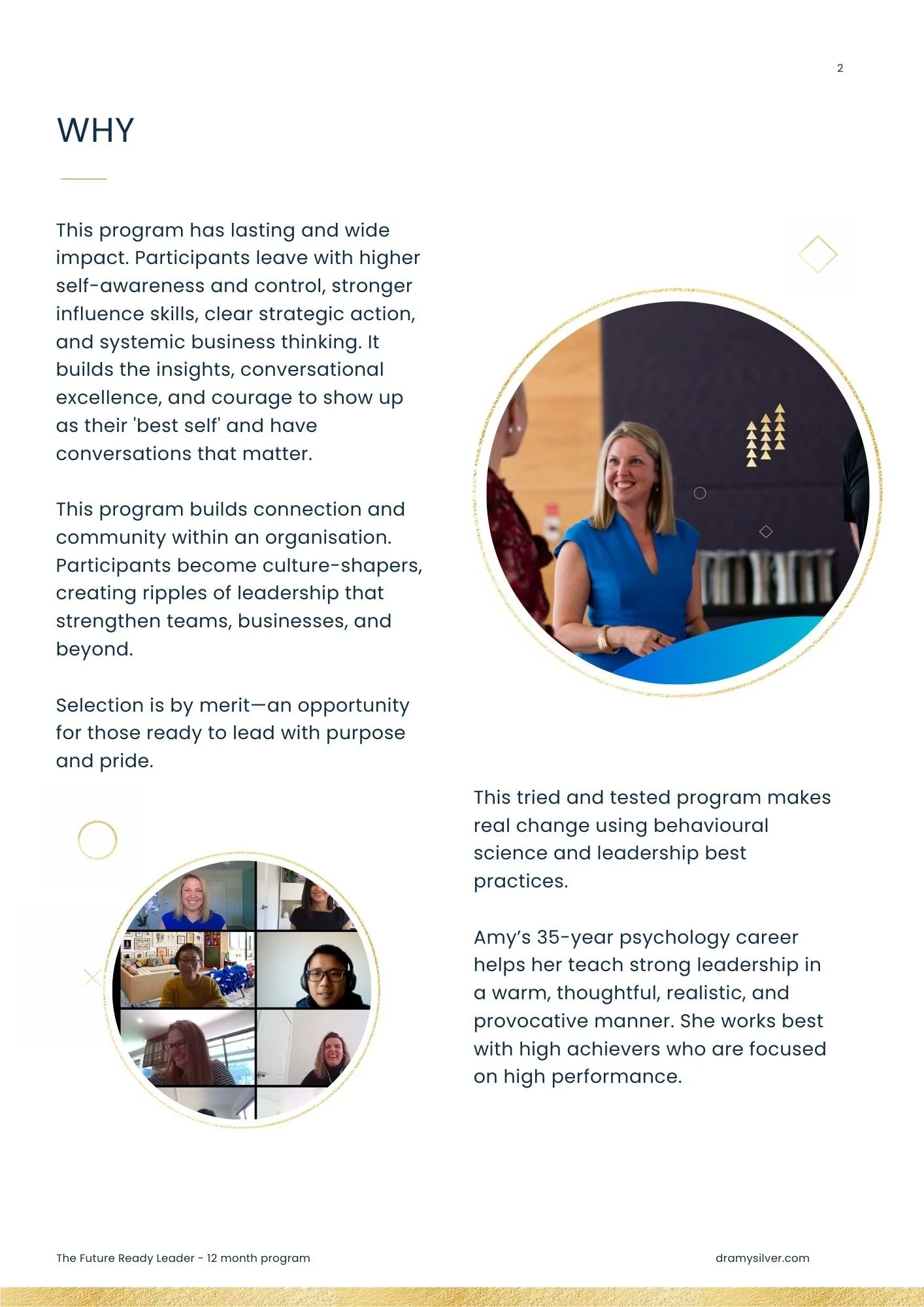 A program brochure page featuring text about leadership development, with a professional photo of a smiling woman in a blue dress in a round frame and a smaller image of a virtual meeting with six participants, all smiling.