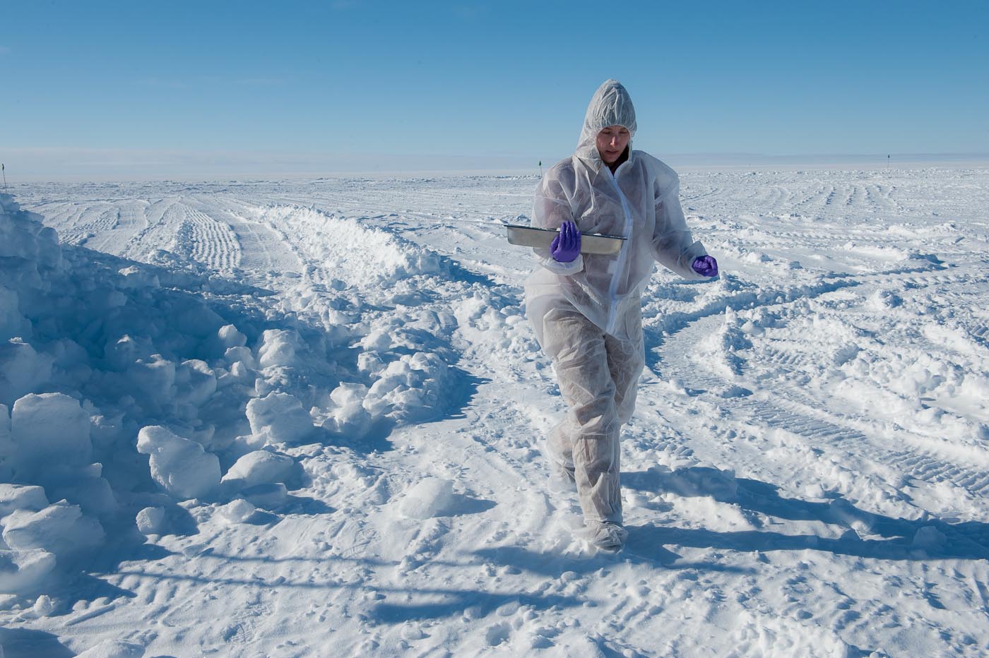 Trista Vick-Majors carries samples from the ice cave freezer at Subglacial Lake Whillans to the lab. PHOTO BY J.T. THOMAS