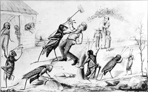 "Grangers versus Grasshoppers, or the irrepressible conflict," carte-de-visite, c.1880. (image courtesy the minnesota historical society)