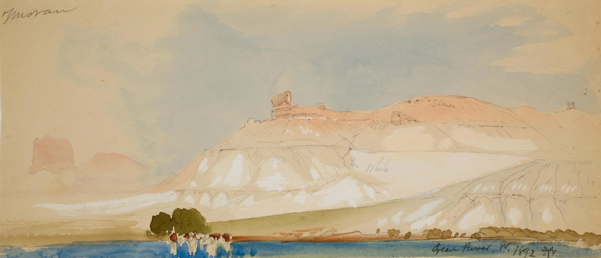 Thomas Moran (English/American, 1837-1926), Green River, Wyoming, 1879, watercolor and pencil on paper, 45 x 9 inches, gift of John D. Fryxell, 2009.3.2