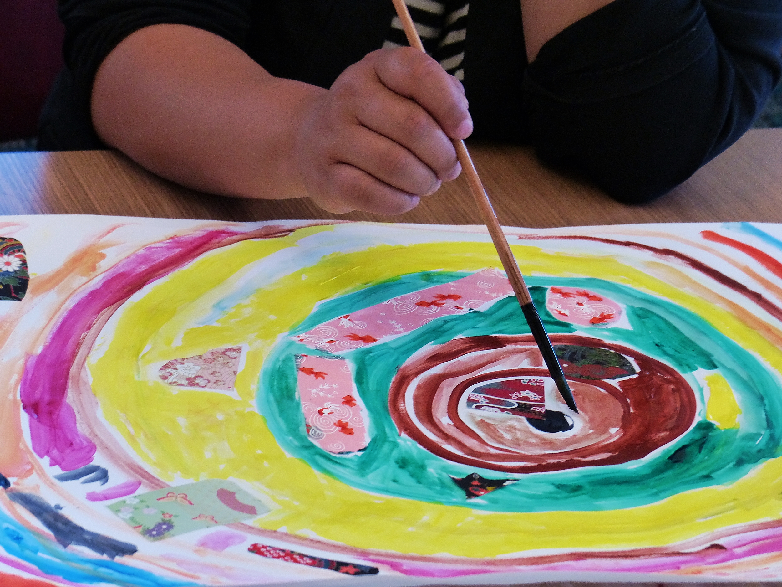 Exploring personal narrative with paint and collage; here from Chinese women's group