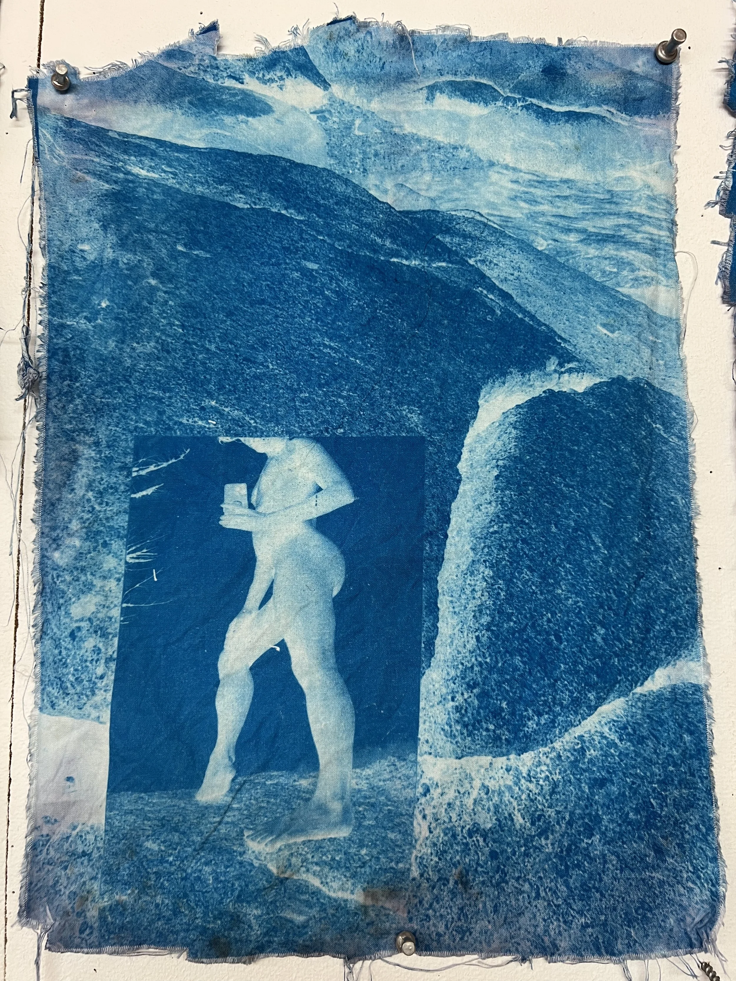 “Untitled (self-portrait)” from the series “Hard Rocks, Soft Bodies”, July 2023 Cyanotype on fabric 11” x 8 1/2”