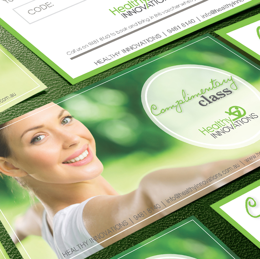 Healthy Innovations complimentary class vouchers designed by OnetyOne Graphic Design.