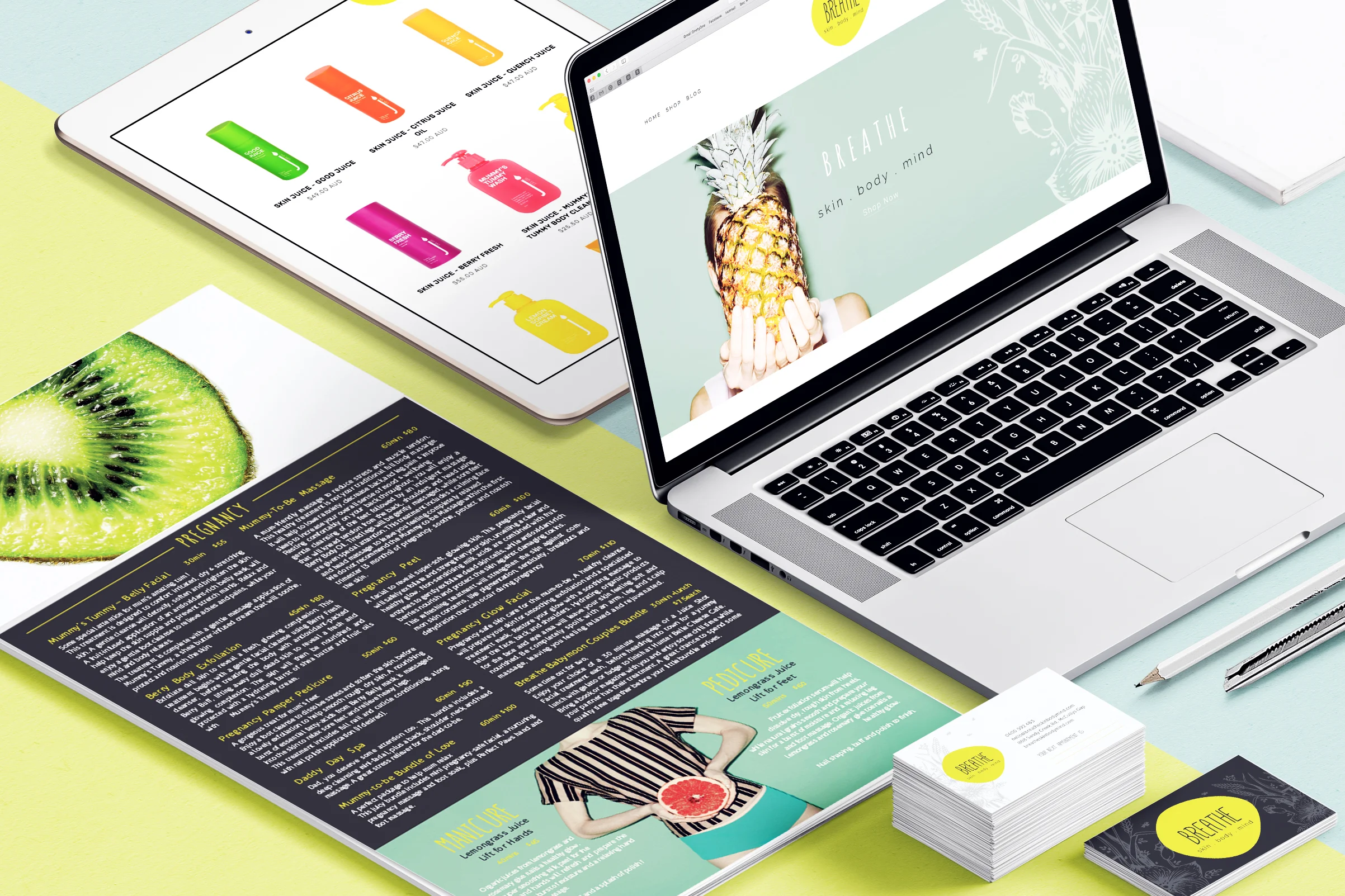 WEB, PRINT MATERIAL, BUSINESS CARDS ETC - Breathe. Skin. Body. Mind.