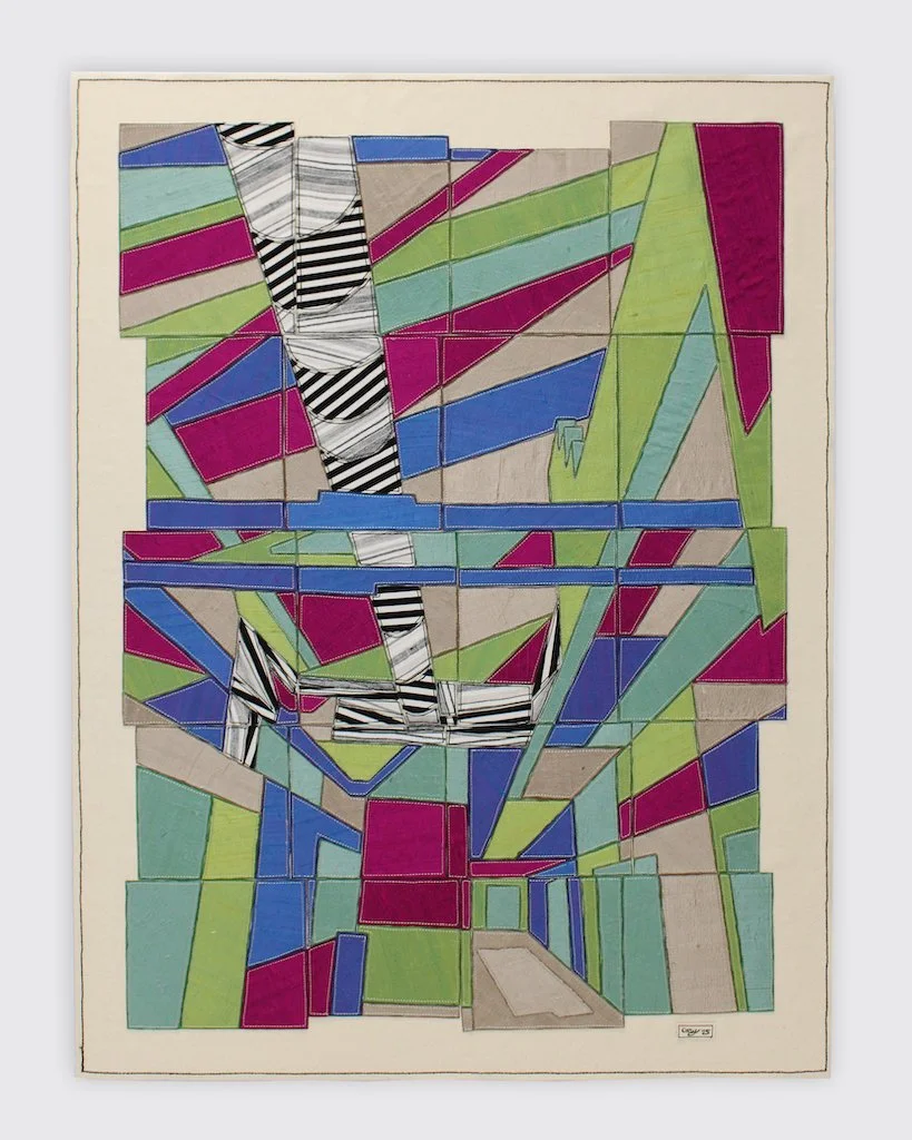 Stripey: Studios" silk, stitch & encaustic wax on stiffened canvas, mounted on stretched canvas, 30"x40"x2"