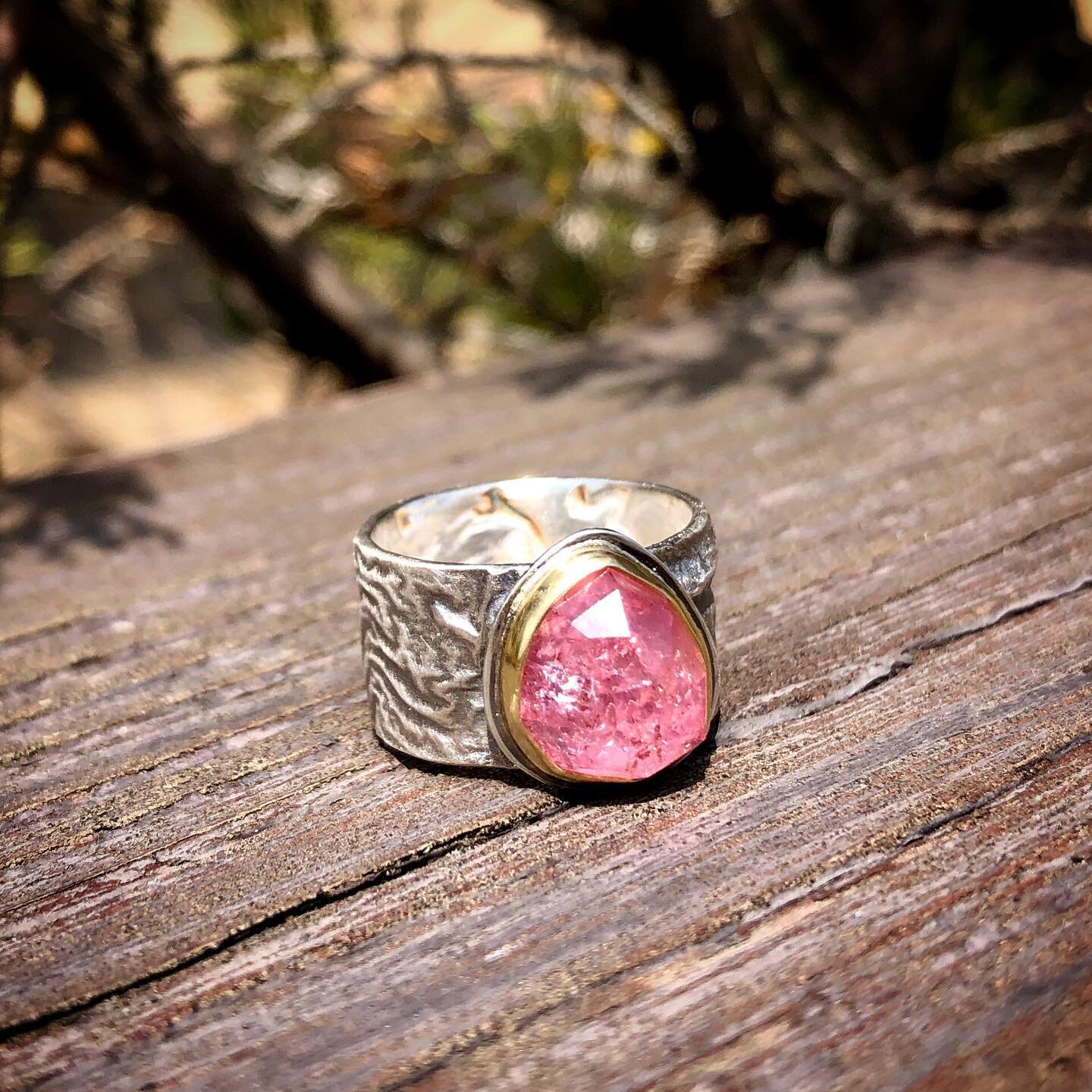 Chunky pink tourmaline set in 18k gold on reticulated silver band, size 7&hellip; try it on at @cranewaycraftfair 
Nov.27 &amp; 28 booth 502