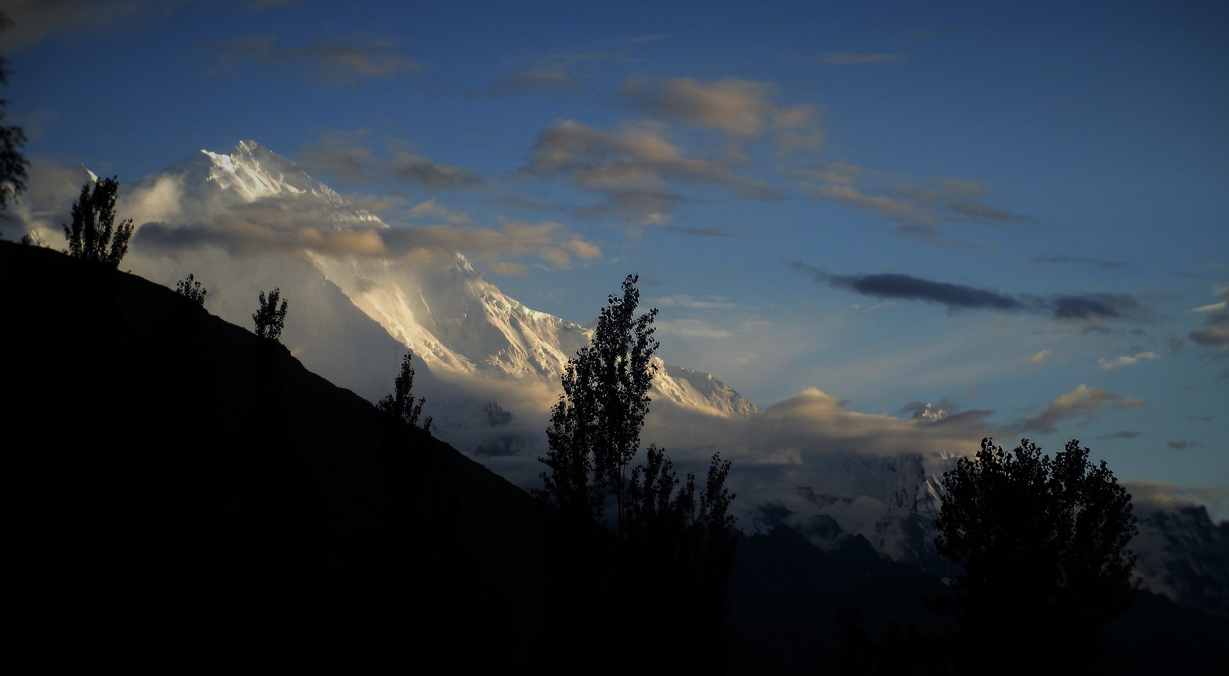 Ethereal Rakaposhi, or Dumani, 7788m , if there was one mountain to compete with Masherbrum in terms of beauty it is Rakposhi - here the west face , the largest mountain face on Earth rising almost 6000m above the valley below.