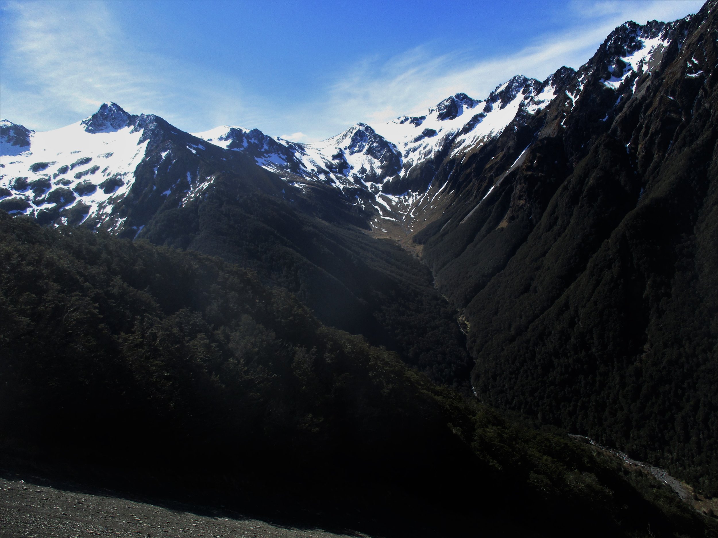 Iconic New Zealand Mountains scene , river below , than steep forest gullies leading up to the snow.