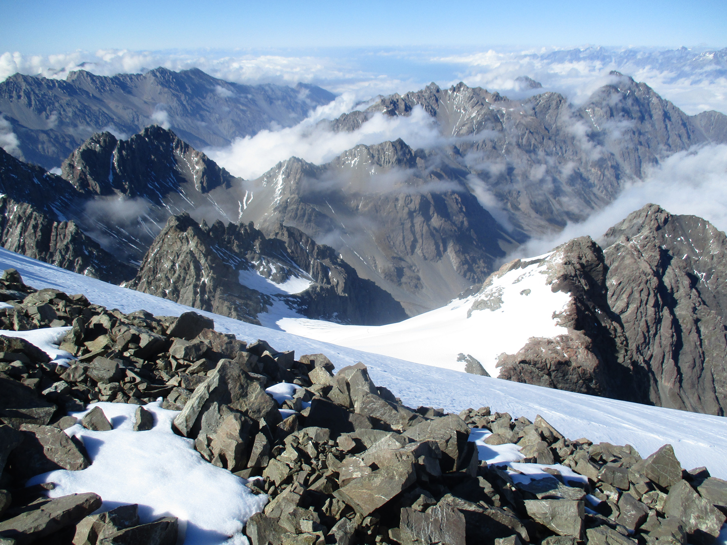 The view down Gorilla vally where we had bivoucaed ,Mount Little of the day before is the small rock peak center picture.