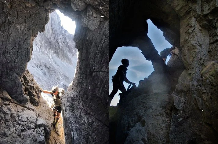 the entry and exit of the keyhole, afterwards one corkscrews up onto an exposed ledge.