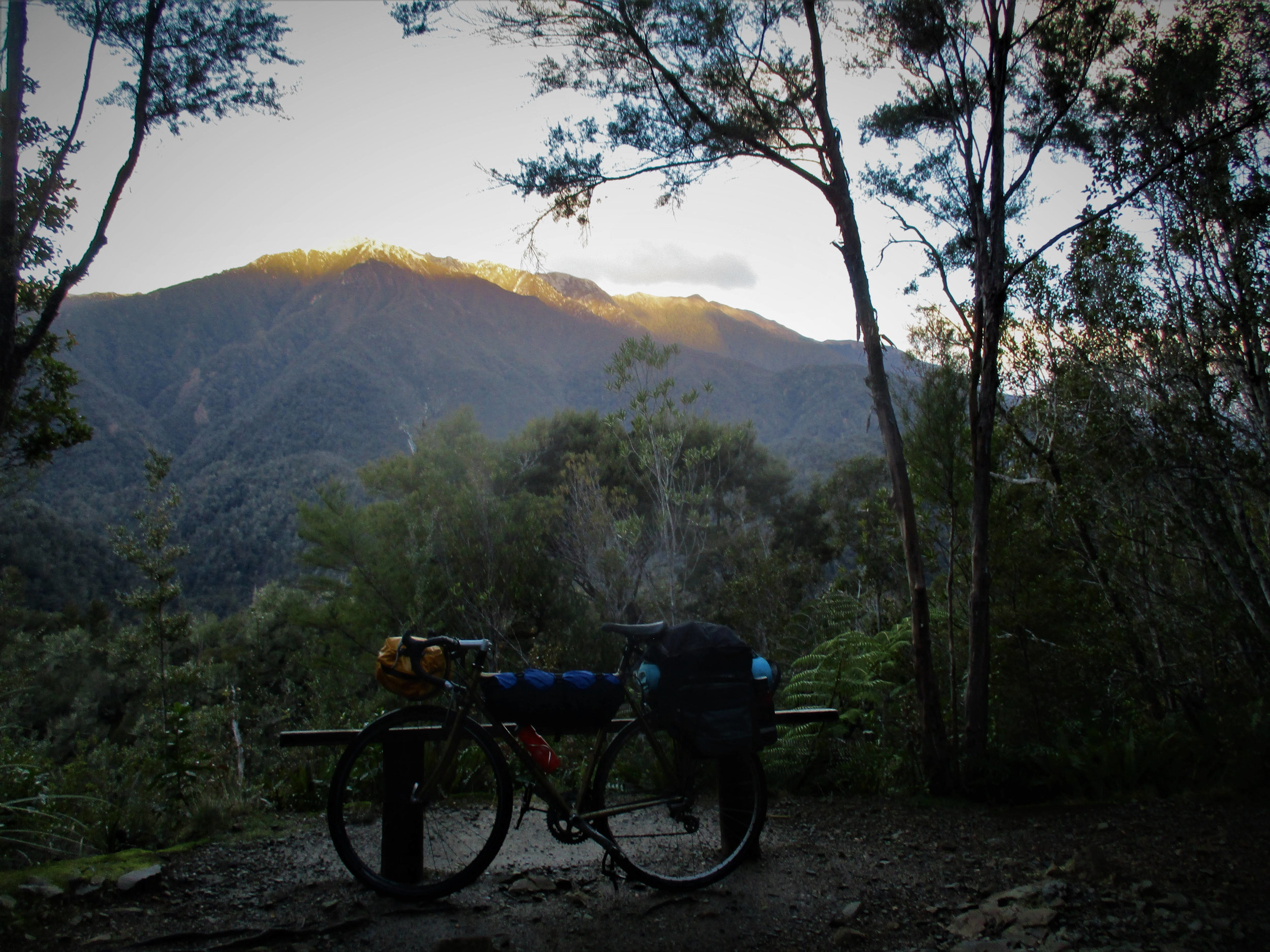Part of the ride on the Heaphy was bike testing , here is a 3/4 loaded Colossi on the climb to Perry Saddle. Jan Kole a Dutch Ex professional Bike racer makes these quality custom bikes and has sponsored me several over more than 10 years. This particular touring model has already seen 3 trips to Central Asia and just keeps on going - Custom designed steel fillet-brazed Collossi !!1