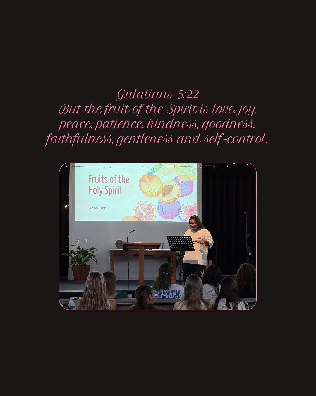 Our memory verse for March! Galatians 5:22
Remember - if you recite this verse or John 15:5 at youth tomorrow night you'll get a prize 🏆
Our last youth night for term one! 🤯
See you tomorrow 😍