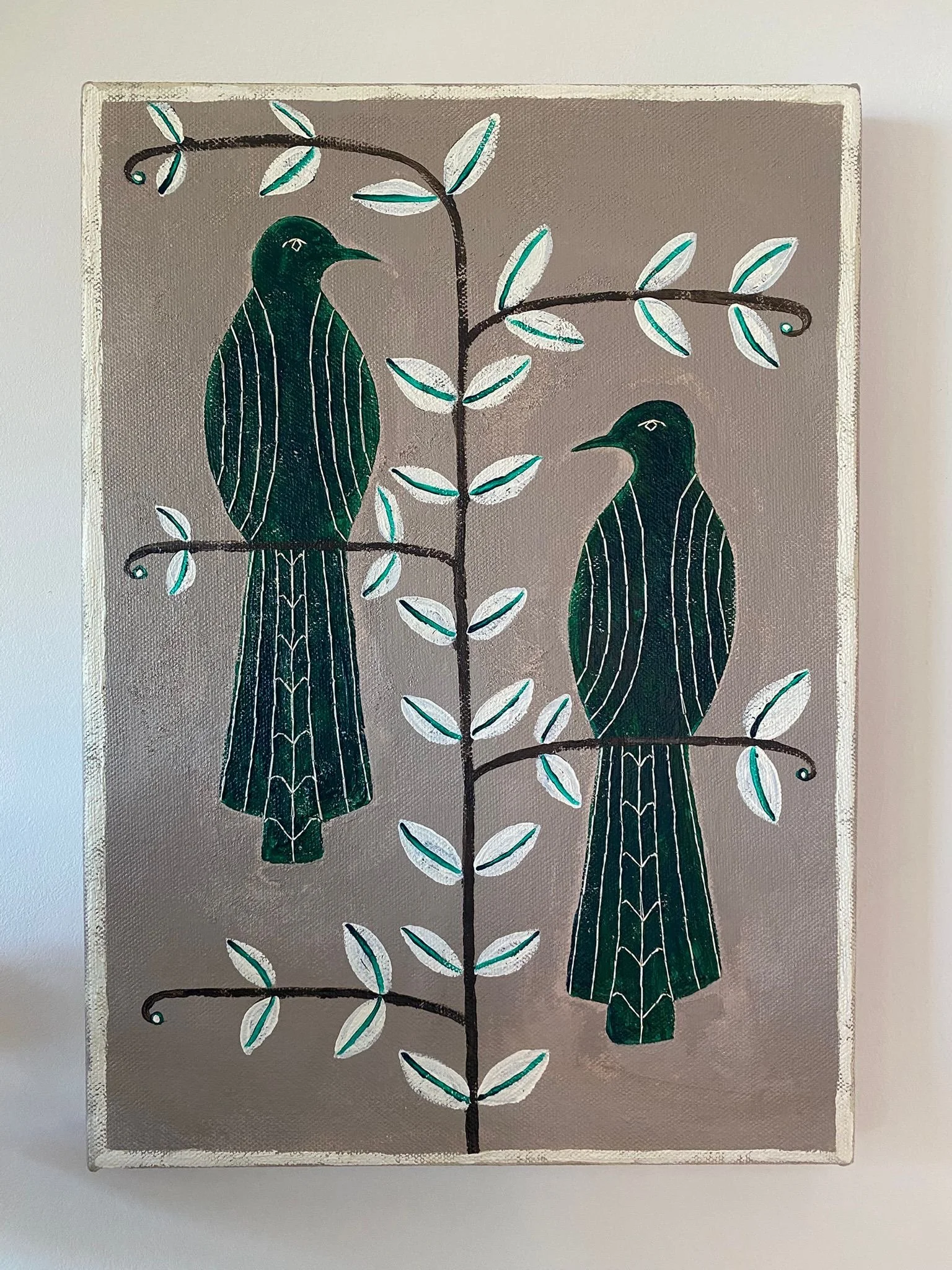 'Perching Green Birds' 25 x 35cm